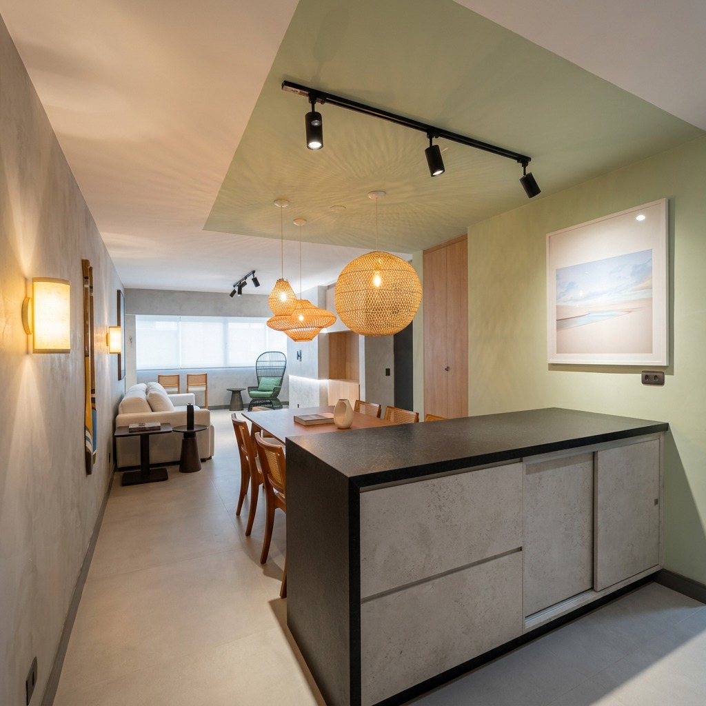 Cozinha gourmet integrada com iluminação aconchegante e bancada texturizada — Trioh Marcenaria, Curitiba